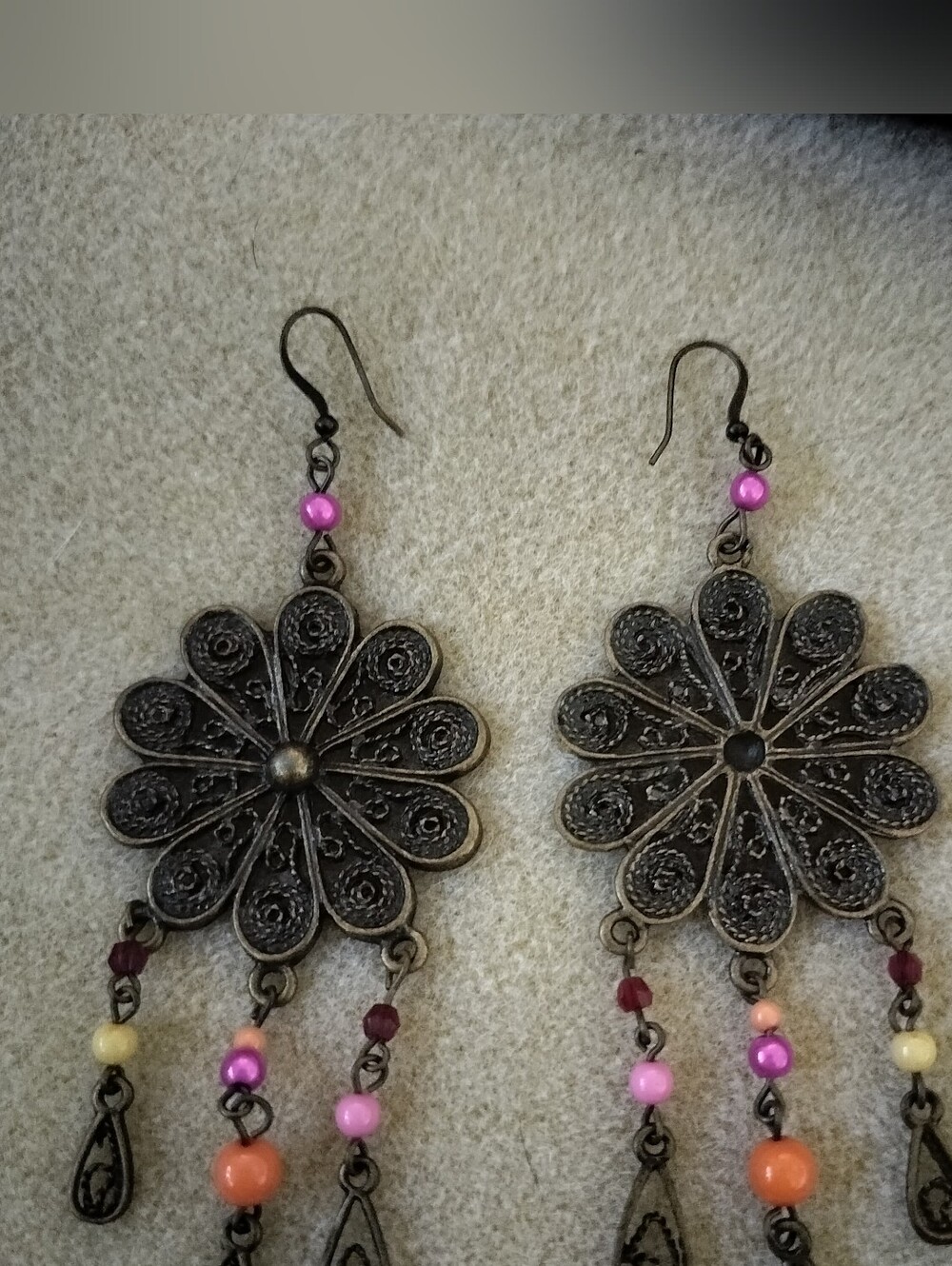 Brass Filigree Flower Chandelier Earrings - Boho Dangle Drops
